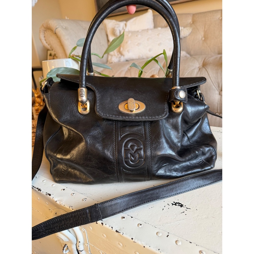 MARINO ORLANDI Satchel Black Leather Embossed Logo Gold Hardware Purse Bag Large